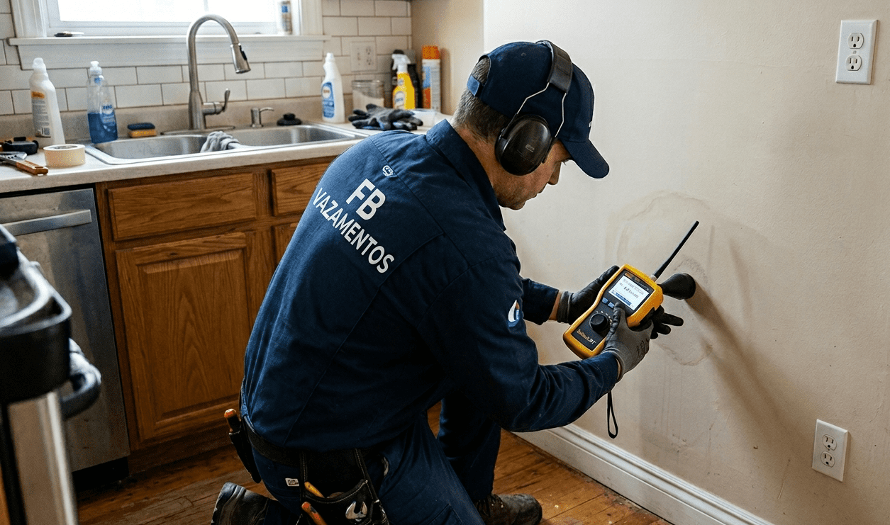 Técnico de caça vazamento no Tatuapé usando Geofone para localização precisa de vazamentos em apartamento